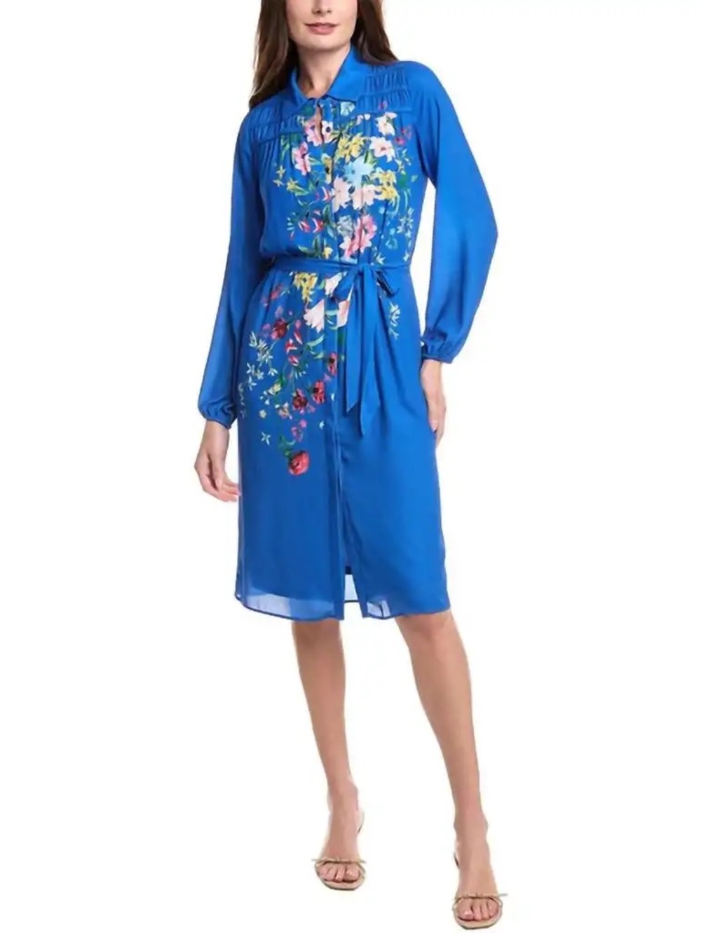 Tahari Floral Button Front Midi Dress Royal Blue Belted Long Sleeve NWT Size S